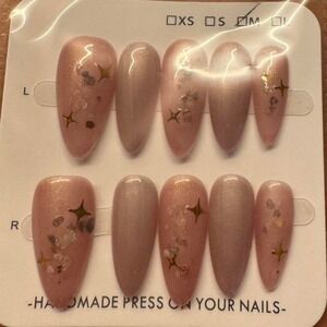 Press On Nails‎ Almond Nude Pink Glitter Star Handmade Fake Nails